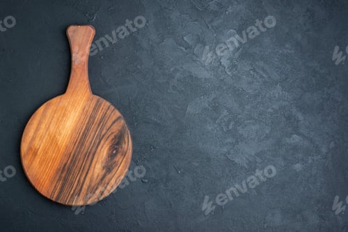 Preview: top view brown cutting board on dark background cuisine hardwood horizontal border food meal salad
