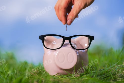 Preview: Pink piggy bank with glasses on grass and hand putting in a coin