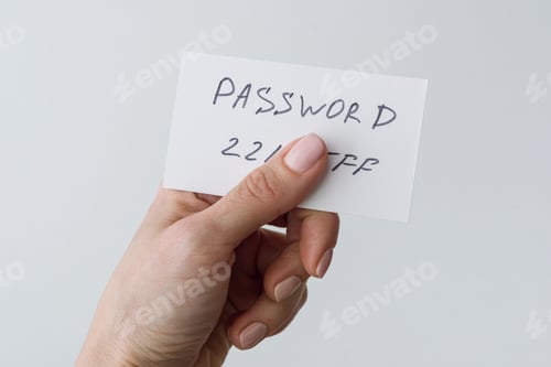 Preview: Woman's hand holds a password on paper, that covers the password with finger