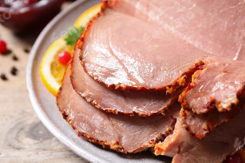 Preview: Delicious ham served with garnish on wooden table, closeup