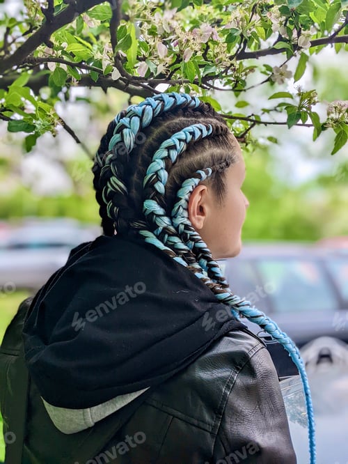 Preview: A girl with blue braids looking away || Cold weather || Beautiful spring tree || Flower