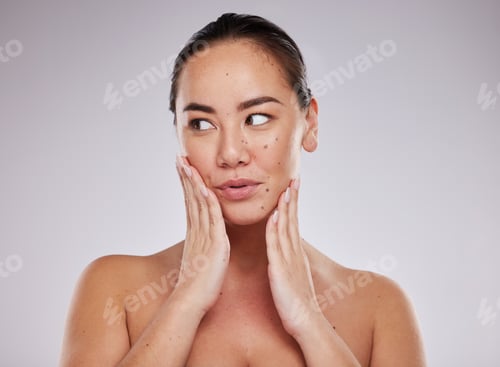 Preview: Skincare, face and Asian woman in studio with a beauty, natural and cosmetic treatment. Health, wel