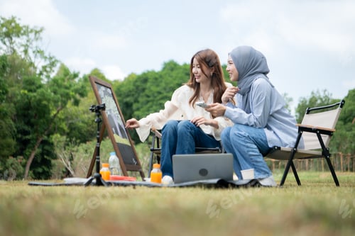 Preview: Two young Muslim women relaxing in a public park and drawing on a chalkboard with colored chalk