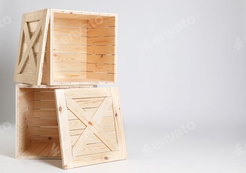 Preview: Wooden crates on grey background. Space for text