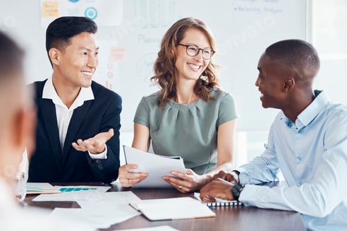 Preview: Marketing, planning and business people with report in a meeting, smile and happy with analysis of
