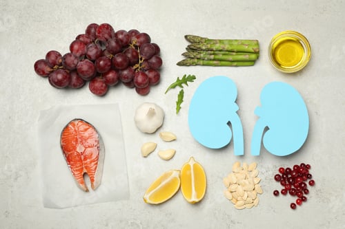 Preview: Paper cutout of kidneys and different healthy products on light grey table, flat lay