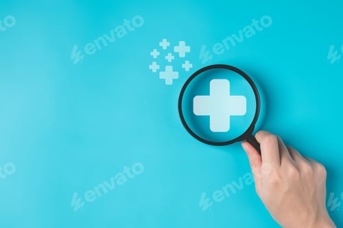 Preview: Plus icons on wooden blocks for medical and health care concept