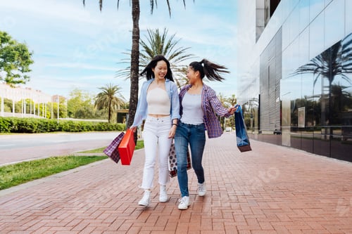 Preview: Happy beautiful chinese women friends bonding in the city