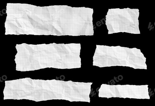 Preview: Set of torn and crumpled graph paper pieces isolated on black background