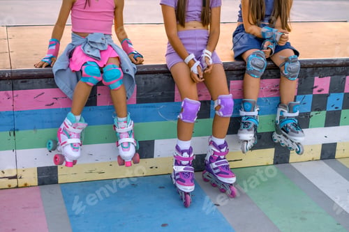 Preview: Three girls are sitting on the ramp of a city sports skate park, relaxing after roller skating