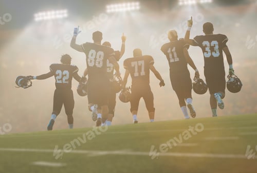 Preview: Rear view of teenage and young male american football team celebrating in stadium