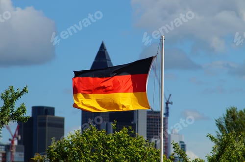 Preview: German flag in front of the Messeturm in Frankfurt
