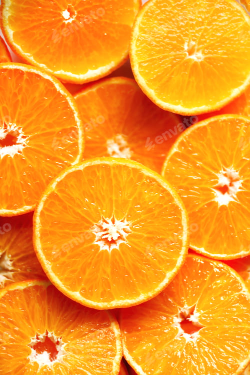 Preview: Fresh sliced orange fruit texture. Macro, top view, copy space. Food frame. Juicy oranges background
