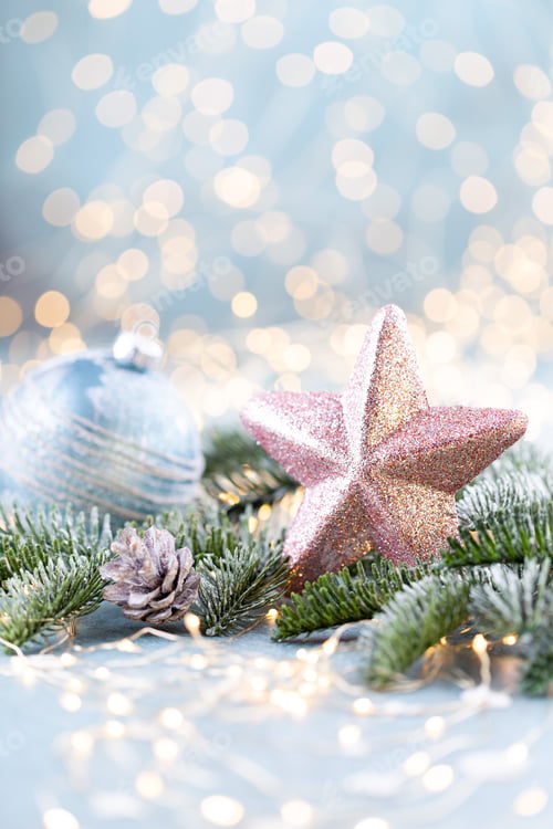 Preview: Christmas spruce with star and blurred shiny lights.