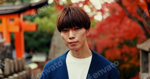 Preview: Man, portrait and Japan or outdoor temple explore for adventure, holiday or culture. Male person, f