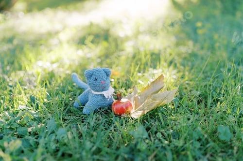 Preview: Blue toy cat stands on green grass next to a ripe red pomegranate