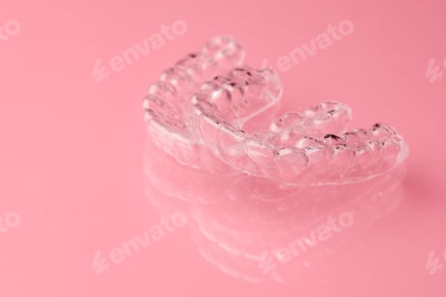 Preview: Two Invisible dental teeth aligners on the pink background. Orthodontic temporary removable braces