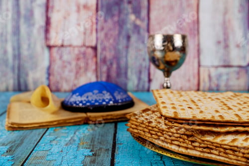 Preview: Jewish pesah celebration matzah bread with wine. Passover holiday