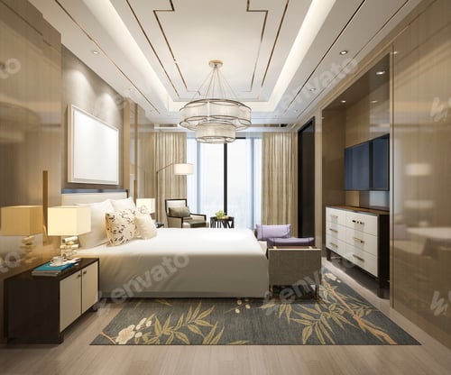 Preview: 3d rendering beautiful luxury bedroom suite in hotel with tv