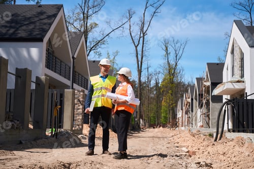 Preview: Main construction workers walking along construction site, discussing