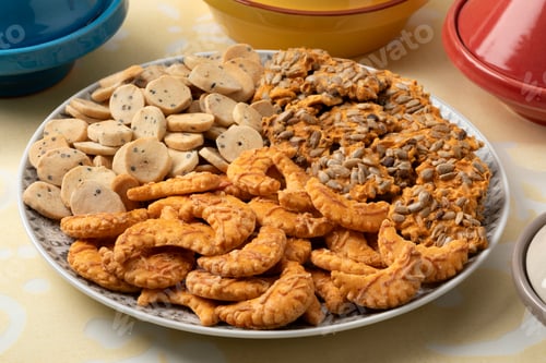 Preview: Plate with a variation of traditional Krichlate spicy miniature shortbread cookies close up