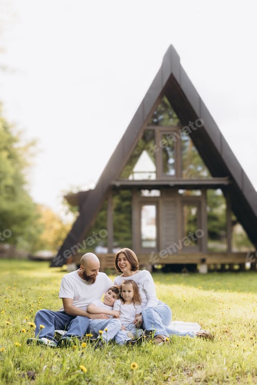 Preview: Family relaxing in front of their modern a frame house