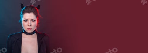 Preview: Banner halloween, holidays and carnival concept - vamp woman in jacket and with bat ears in gothic