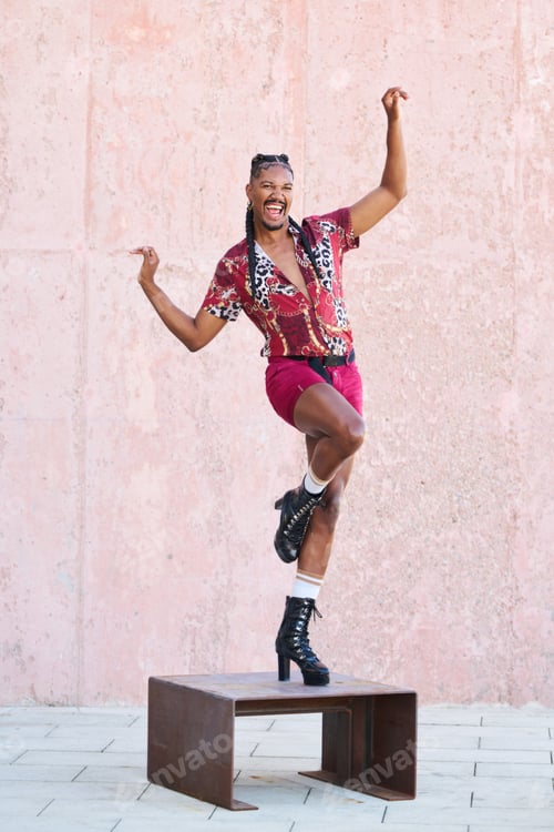Preview: Young androgynous man dancing and having fun wearing heeled boots