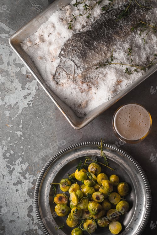 Preview: Fish baked in salt with Brussels sprouts and beer