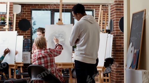 Vista previa: Man and woman giving advice to elder student in art class