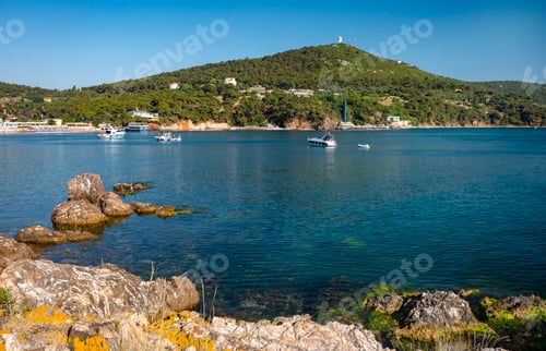 Preview: Beautiful panoramic view of the Black Sea with yachts, beach and islands in the background