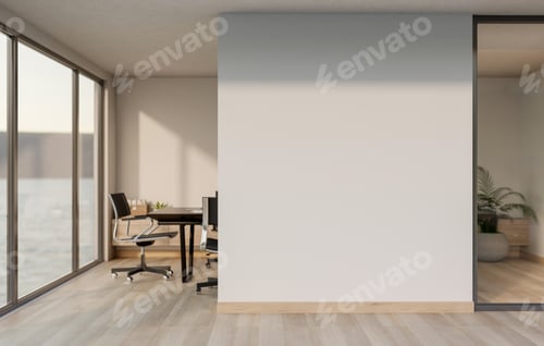 Preview: Empty white wall between office working table with armchairs and a resting area in company building.