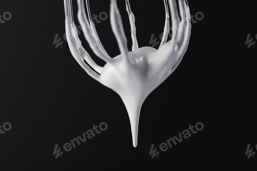 Preview: Whisk with whipped cream on black background, closeup