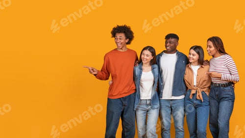 Preview: Diverse Group Of Friends Standing Together Pointing To The Side
