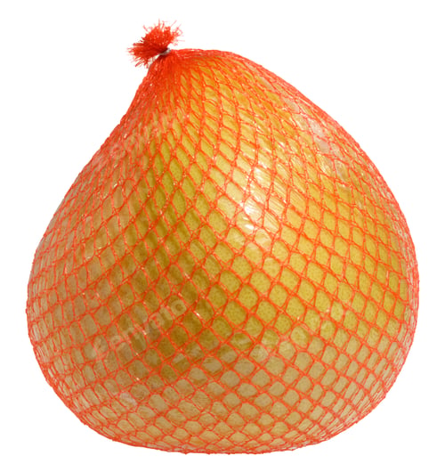 Preview: Ripe round unpeeled pomelo in red net, fruit transportation packaging, isolated background