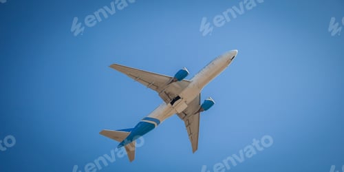 Preview: White plane flies in the sky blue background. Passenger airplane. Travel by air transport. Flying.