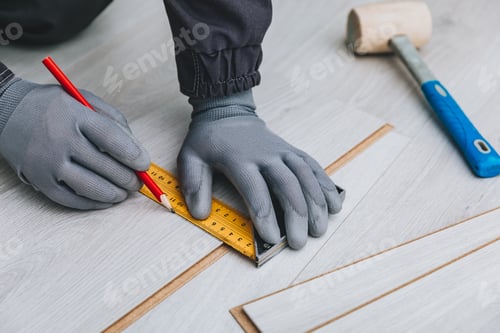 Measuring Laminate Flooring with Ruler and Pencil
