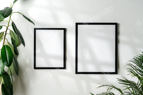 Preview: Black frames and houseplant against white wall copy space