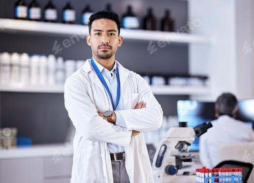 Preview: Lab, research and portrait of man scientist serious for innovation and medical vaccine development