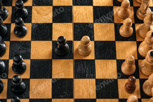 Preview: Vintage handmade wooden chess board and figures