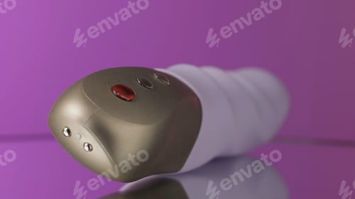 Preview: Close up of new modern vibrating sex toy lying on a table on a pink wall background. Creative