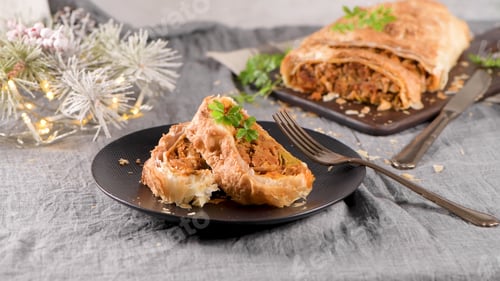 Preview: Savory Christmas Meat Strudel Slices Served on a Black Plate with Festive Holiday Decor