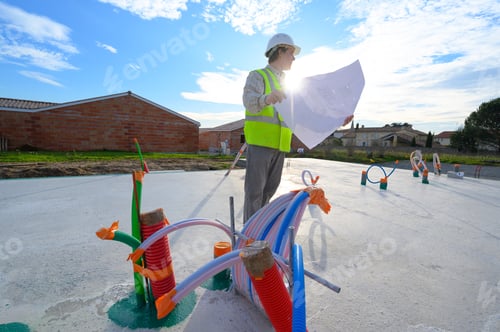 Preview: Professional Engineer Architect Worker With Protective Helmet And Blueprints Paper At House