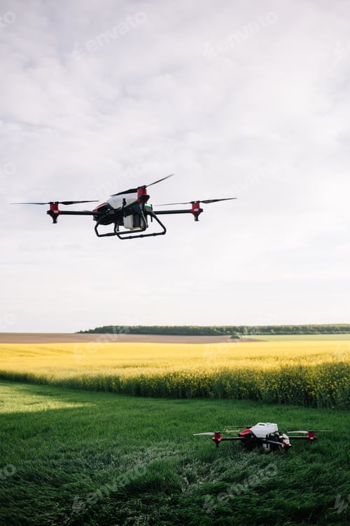 Preview: Agriculture drone fly to spray fertilizer on the rice fields.