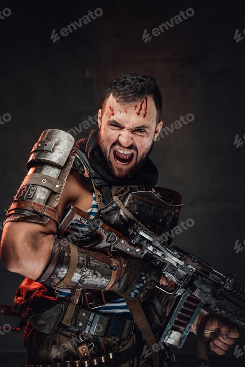 Preview: Screaming stalker holding shotgun in dark background