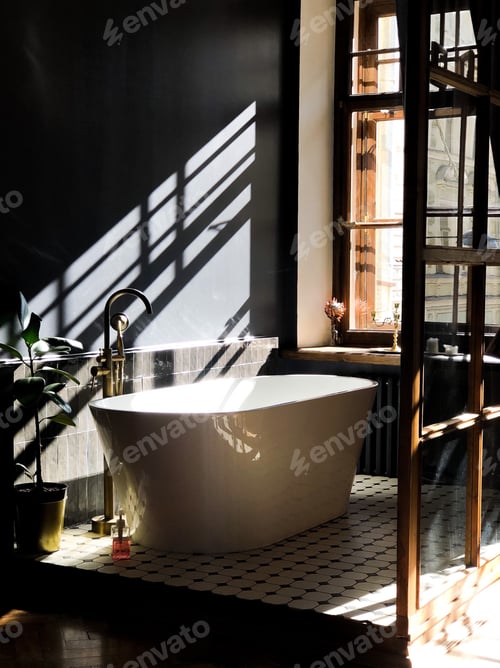 Preview: Modern bathroom with a view in sunny day, no people.