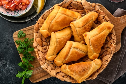 Preview: Fried empanadas with cilantro, meat, egg, tomato and chili sauce on black background. Chilean typica