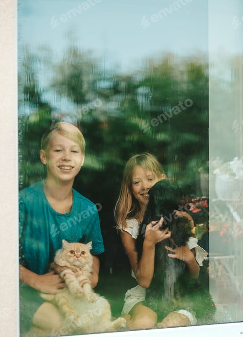 Preview: children look out the window at the rain. Pets