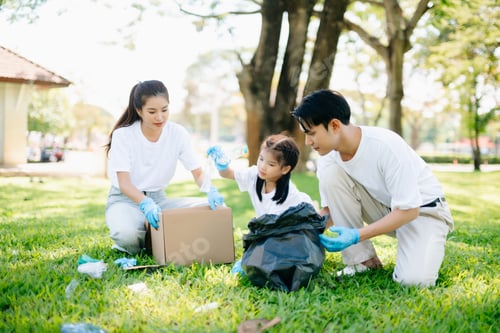 Preview: Joyful family volunteering to clean a park together. A heartwarming outdoor scene promoting