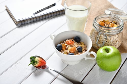 Preview: Healthy Breakfast with Cereal, Fruit, and Milk